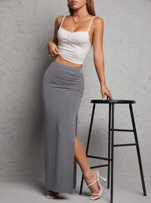 SHEIN PETITE 女士优雅纯色侧开衩裙，夏季 - 灰色 - 查看 5