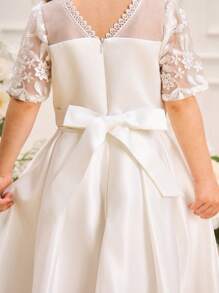 SHEIN Glamorique Kids Girls White Satin Floral Puff Sleeve Princess Pageant Dress, Cute & Sweet For Holiday/Wedding - White - View 5