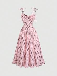 Sweetra 复古法式波尔卡圆点印花露背束腰蝴蝶结女式长裙，度假装