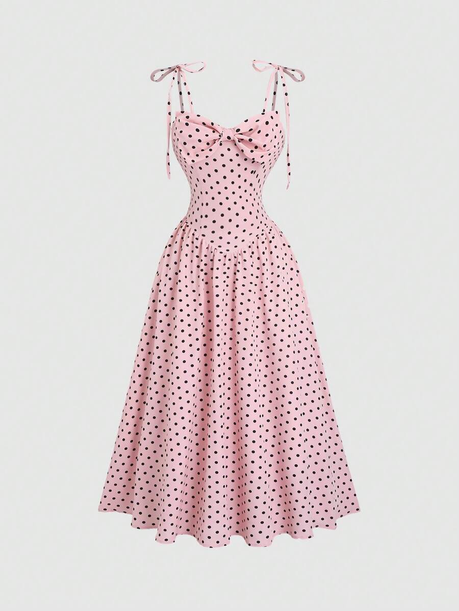 Sweetra 复古法式波尔卡圆点印花露背束腰蝴蝶结女式长裙，度假装