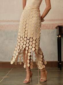 Anewsta Laser Cut Multi Circle Double Layered Skirt Women Skirt - Camel - View 3