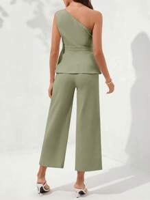 Ellevyn 1pc Women 2 Pieces Set: Asymmetrical Ruffle Waist Jumpsuit - Mint Green - View 11