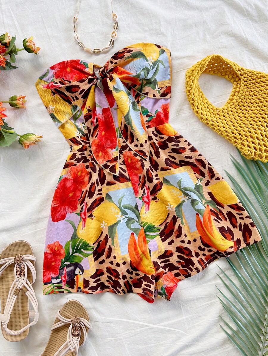 Soleia 女士热带海滩巡航假日豹纹水果花卉吊带前系腰阔腿连体裤 - 彩色 - 查看 1