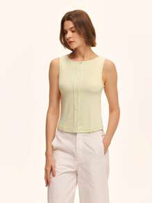 SHEIN Unity ملابس علوية نسائية أنيقة وكاجوال بلون سادة مزينة بأزرار - أصفر - مشاهدة 3