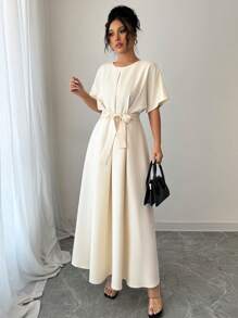 Gloray Elegant Solid Color Round Neck Ruched Hem Batwing Sleeve Dress - Apricot - View 1