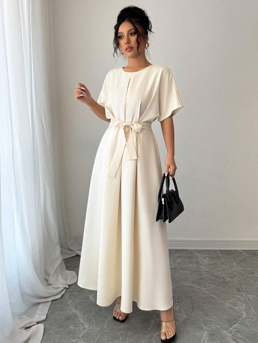Gloray Elegant Solid Color Round Neck Ruched Hem Batwing Sleeve Dress - Apricot - View 1