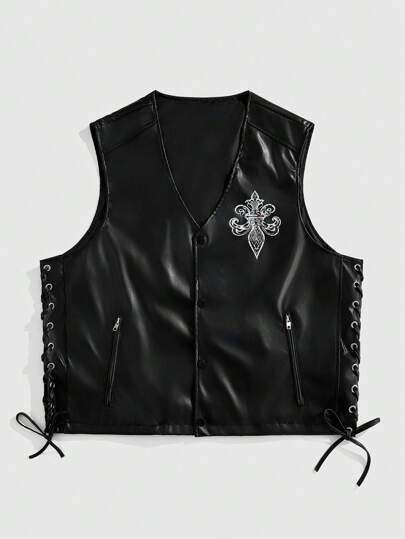 Street Life Men's Punk Slogan Printing PU Leather Fashion Vest