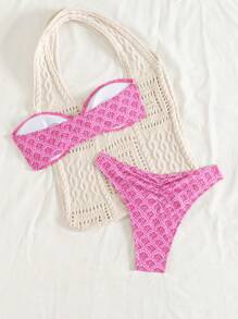 SHEIN Swim 2 pièces/Set Nouveau Top de bikini à fleurs d'été pour femmes avec décorations dorées et bas rétractables. Maillot de bain dos nu pour vacances à la plage - Multicolore - Voir 3