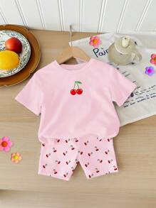 SHEIN 2pcs/Set Girls Casual Cherry Print Short Sleeve T-Shirt And Shorts Outfit, Summer Summer Outfits