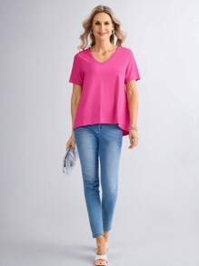 EMERY ROSE Camiseta básica de manga curta para mulheres, uso casual diário, primavera/verão - Rosa Quente - Ver 8