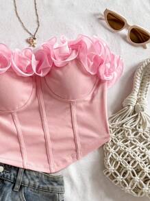 Soleia Top ajustado con volantes romántico y sexy, adecuado para vacaciones, citas nocturnas, San Valentín, té de la tarde - Rosa Pálido - Ver 7