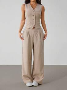 SHEIN PETITE Traje de negocios de mujer con chaleco abotonado de un solo pecho y pantalón en unicolor, conjuntos de dos piezas de otoño con chaleco de cuello en V y pantalón recto de mujer en unicolor, chaqueta blazer simple para mujer para el trabajo