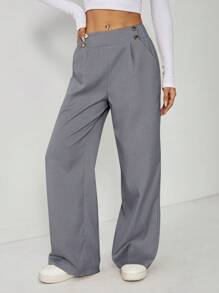 SHEIN PETITE Quần công sở thẳng cài hai nút thanh lịch cho nữ - Màu Xám nhạt - Xem 6