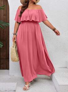 SHEIN VCAY Plus Size Vacation Ruffled Off Shoulder Dress - Coral Pink - View 5
