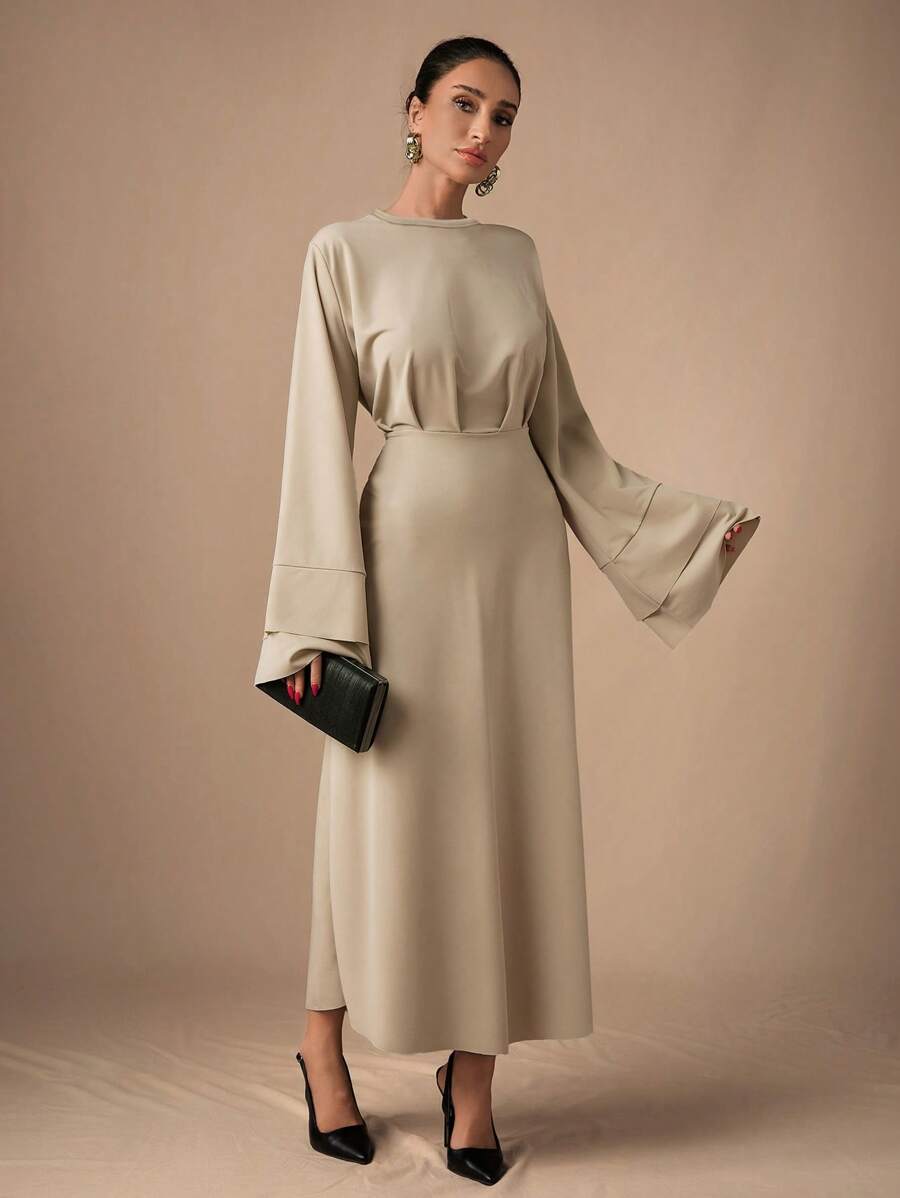 EURMUSE Solid Color Round Neck Pleated Elegant Long Sleeve Dress - Krem - View 1
