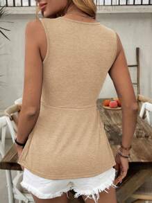 SHEIN LUNE 女式休闲前扭褶皱 V 领无袖背心，夏季 - 杏色 - 查看 2