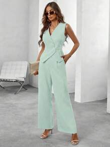 EMERY ROSE Women Solid Color Sleeveless V-Neck Vest And Pants Set - Green - View 3
