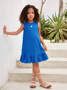 SHEIN Leap Crew Young Girl Casual Fashionable Woven Solid Color Round Neck Sleeveless Dress - Blue - View 3
