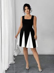 Elenzga Damen Mode Neu V-Ausschnitt rückenfreies Kontrastfarben Bodycon Kleid, sexy tiefer Ausschnitt ärmelloses hoch elastisches figurbetontes Kleid mit geschmückter Taille in großen Größen, geeignet für Geburtstag, Club, Business Lässig, Off-Shoulder Party, Sommer