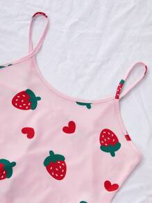 2 件青少年女孩休闲草莓和心形印花吊带背心和短裤睡衣套装，粉色 - 粉色 - 查看 8