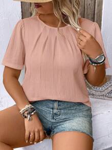 SHEIN LUNE Plus Size Summer Casual Plain Pleated Round Neck Short Sleeve Shirt - Pink - View 4