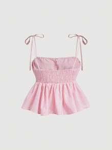 SHEIN MOD Women Square Neck Striped Tie Front Cropped Cami Top Paired With High Waist Striped Shorts - Pink - View 9
