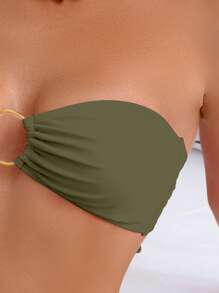 SHEIN Swim 女款純色抹胸性感比基尼泳衣套裝，夏季海灘 - 軍綠色 - 查看 5