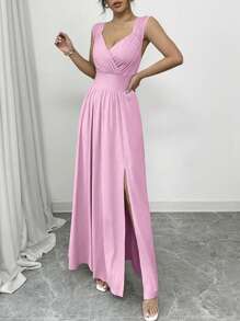 Rafferiza French Elegant Lace Trim V-Neck Wrap Pleated Waist Sleeveless A-Line Open Slit Khaki Dress, Spring & Summer