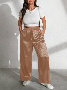 Flirla Plus Size Casual Leopard Jacquard Wide Leg Pants