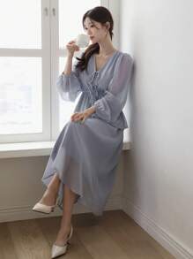 DAZY Vestido largo de unicolor con cintura ceñida y mangas de obispo, vestido largo elegante para mujeres, vestidos casuales de mujer de manga larga