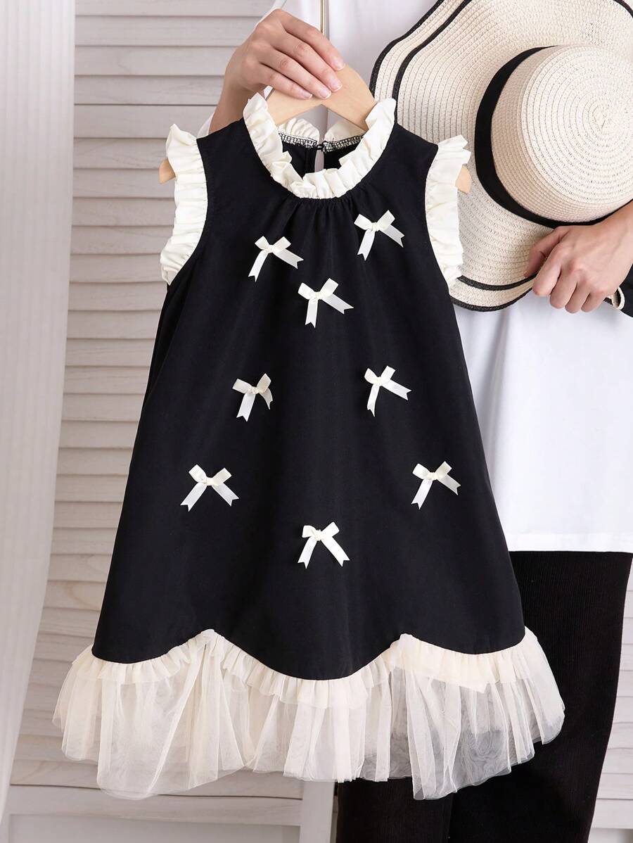 Elladie kids 年轻女孩夏季优雅网眼拼布蝴蝶结装饰连衣裙