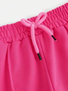 SHEIN Girls Casual Grey High Waist Straight Leg Drawstring Waist Pants, Suitable For Daily Leisure, School, Sports Outfit, Spring/Autumn - Hot Pink - View 4