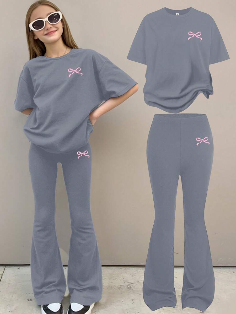 SHEIN Leap Crew Bộ 2 chiếc áo ngắn tay tối giản thường ngày và quần dài cho bé gái tuổi teen, phù hợp cho mùa hè - Màu xanh lam - Xem 1