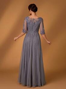 Serin Summer Romantic And Elegant Gray Lace Splicing Mesh Luxury Applique Embroidery Design Round Neck Three-Quarter Sleeves A-Line Hem Suitable For Dinner Date Dance Bachelorette Party Holiday Music Festival Wedding Event Bride Mother Dress