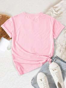 INAWLY Plus Size Summer Casual Letter Print Short Sleeve T-Shirt