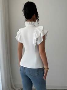 Elenzga Blusa elegante da donna, adatta per il pendolarismo, tempo libero e vacanze, con maniche a volant, colletto a volant, vita arricciata e scollo a V, in tinta unita