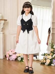 SHEIN 青少年女孩休闲日常穿着适合通勤和上学 - 二合一黑白对比背心裙 - 黑與白 - 查看 4