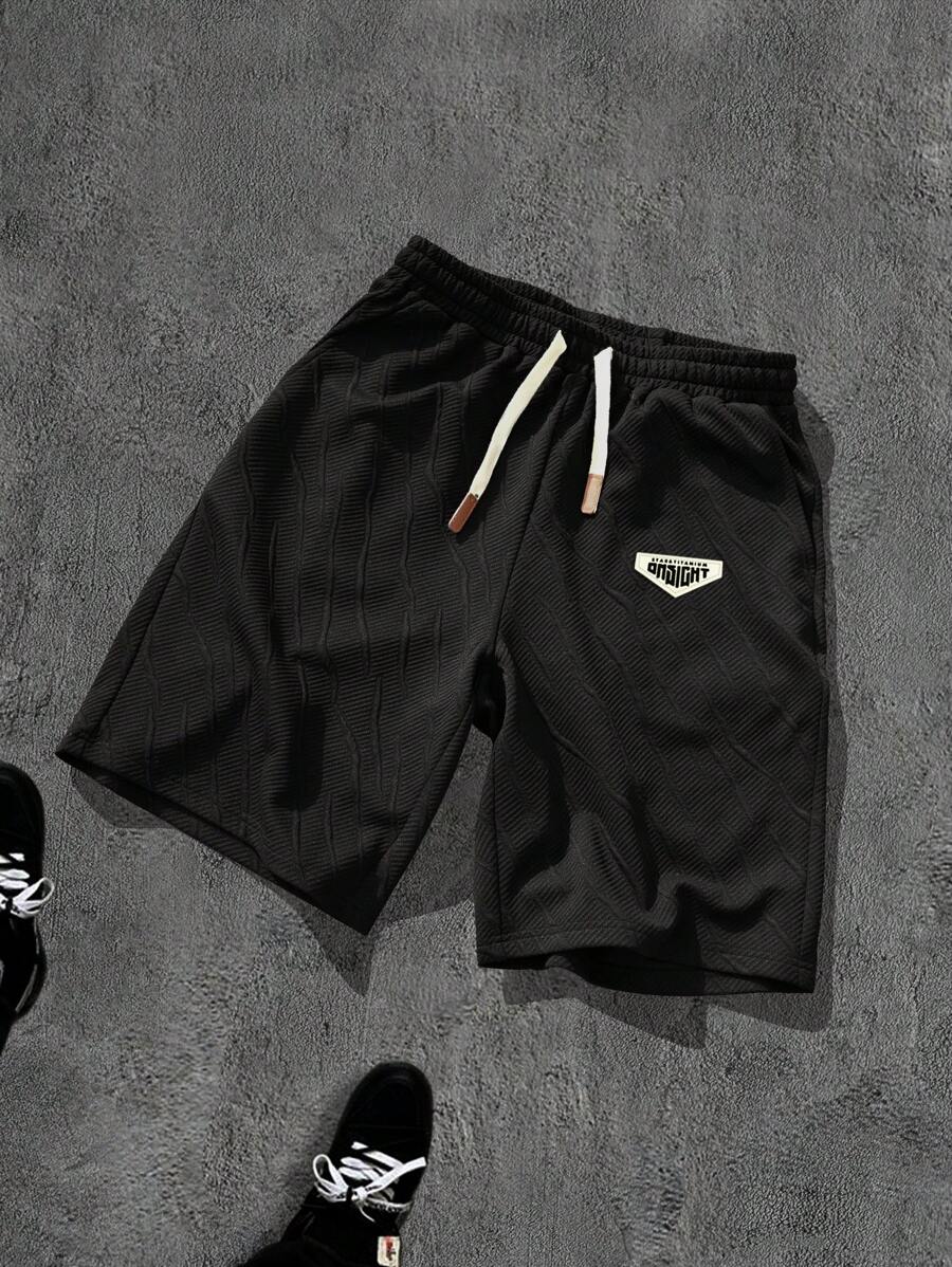 Manfinity EMRG Men's Casual Knitted Fabric Shorts With Pockets Textured Design And Drawstring Waist - Black - View 1