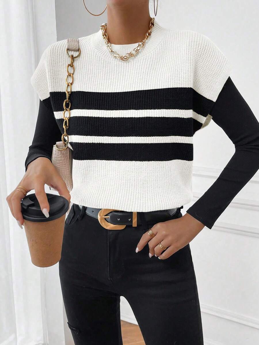Chiquease Autumn/Winter Casual Colorblock Striped Knit Vest - Multicolor - View 1
