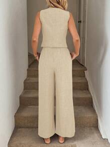 Easowa 2pcs Women Spring/Summer Blue Vest Waistcoat And Pants With Pockets Set  Women S Sets Business Casual Woman Office Outfits For Women Work Clothes Women Old Money Style Women - Apricot - View 2