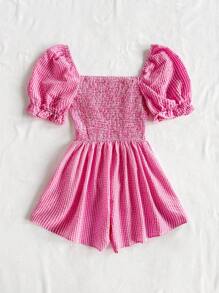 Soleia Blue & White Plaid Ruched Puff Sleeve Casual Vacation Collared Romper For Women, Summer - Pink - View 2