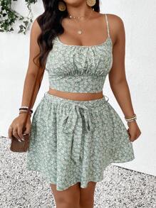 SHEIN Frenchy 大码夏季休闲假日绿色碎花两件套，女式吊带背心+女式裙子，适合海滩度假、海岛度假村 - 綠色 - 查看 5