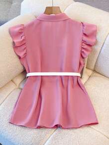 Franclia Women's Sweet Ruffle Trim Sleeveless Button Down Shirt, Spring/Summer - Pink - View 2