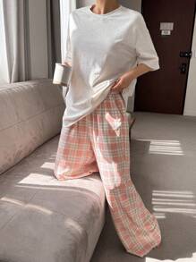 DAZY 宽松格子印花直筒睡衣套装，女士舒适家居服 - 灰色 - 查看 4