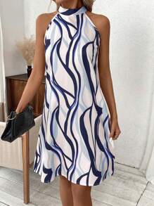 SHEIN Clasi Women's Casual Navy Blue Halter Neck Sleeveless Short Dress With Abstract Swirl Print