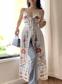 DAZY Áo kiểu nữ in hoa, thắt nơ phía trước, thích hợp cho kỳ nghỉ hè, đi biển, phong cách boho, đi chơi. - trắng - Xem 3