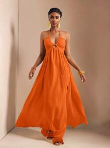 Zivah New Spring And Summer Casual Holiday Halter Neck Strapless Bust, Waist And Back A Swing Skirt With High Slit On The Front To The Thigh, Yellow Sea Stripe Women's Extra Long Dress-B Summer Dresses For Women,Sun Dresses For Women