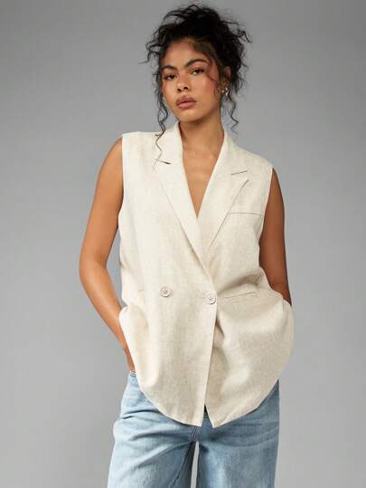 MISSGUIDED Double Breasted Sleeveless Linen Blazer Vest Professional Office Business Casual Summer Spring Fall Outerwear