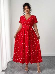 Elenzga Romantic Casual Commute Elegant Vacation Style Red V-Neck Polka Dot Short Sleeve Wrap Waist Slit Midi Dress, Long Version, Plus Size Women - Multicolor - View 3