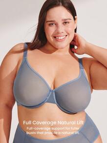 LUVLETTE Plus Fullcover Unlined Plunge Breathable Mesh Sheer Airy Basic Breezy Comfort Minimizer Bra - Dusty Blue - View 5